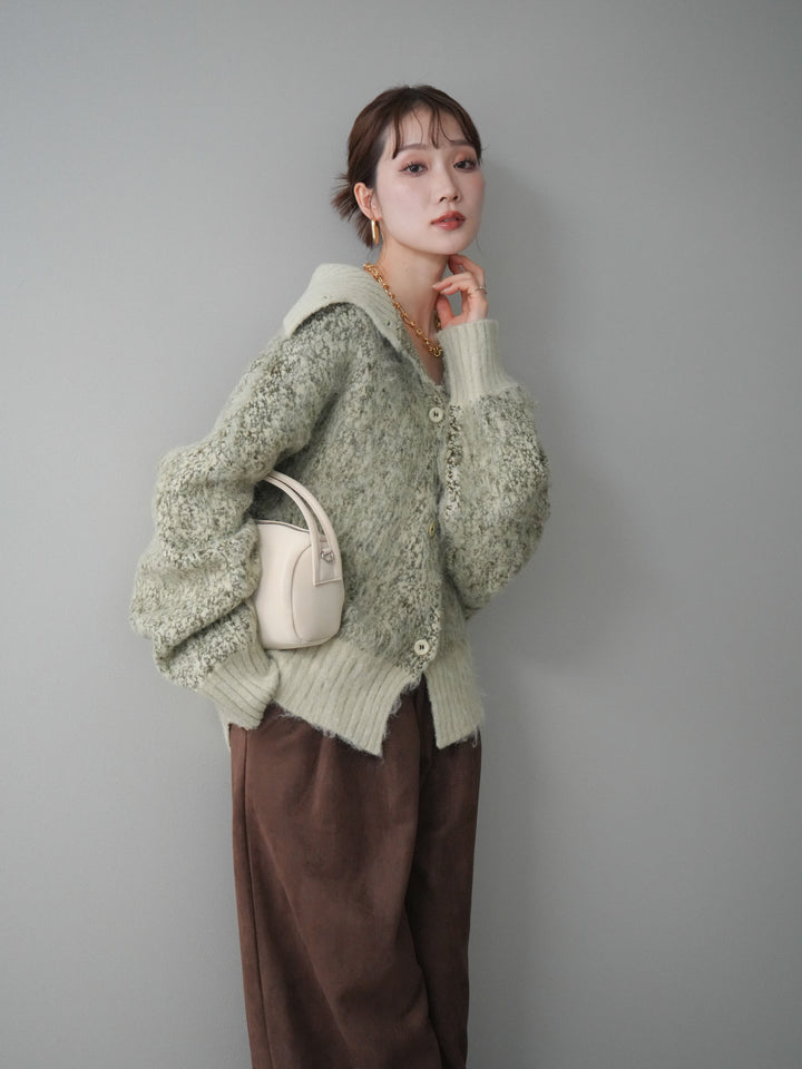 [SET]リブ切替メランジニットカーディガン+モチーフベルト付スエードタックワイドパンツ(2set)