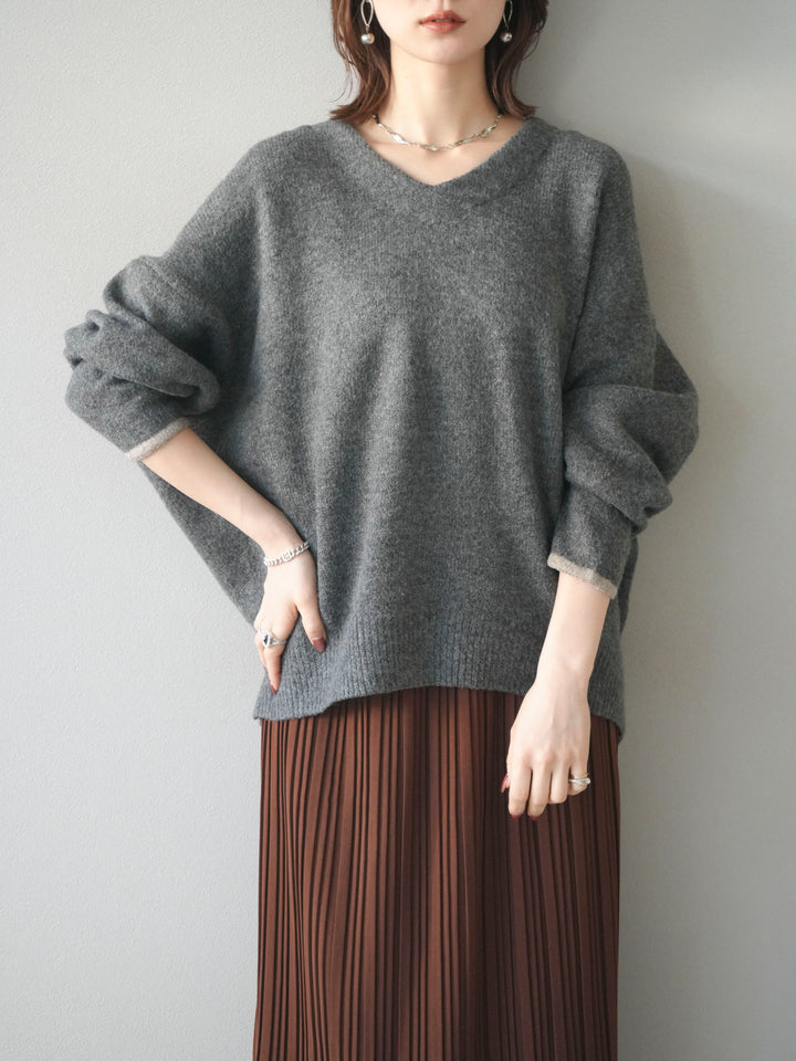 [SET]Vネック配色スリーブニットプルオーバー+選べるアクセセット(2set)