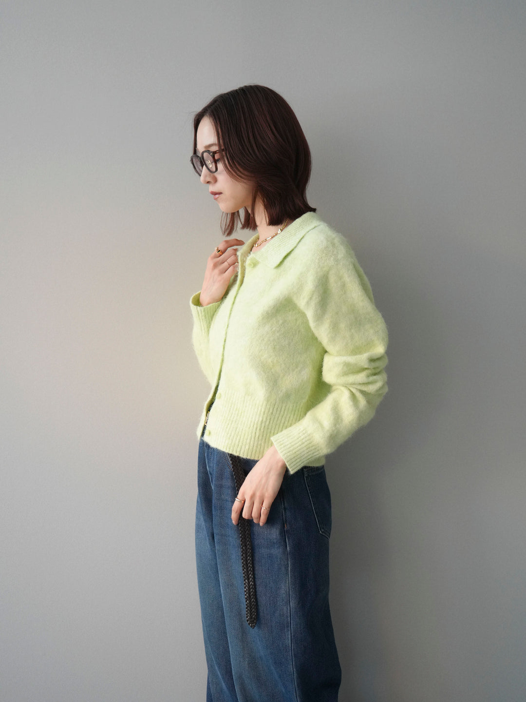 [SET]モヘア衿付きボタンプルオーバー+裏起毛裾フリンジワイドデニムパンツ(2set)