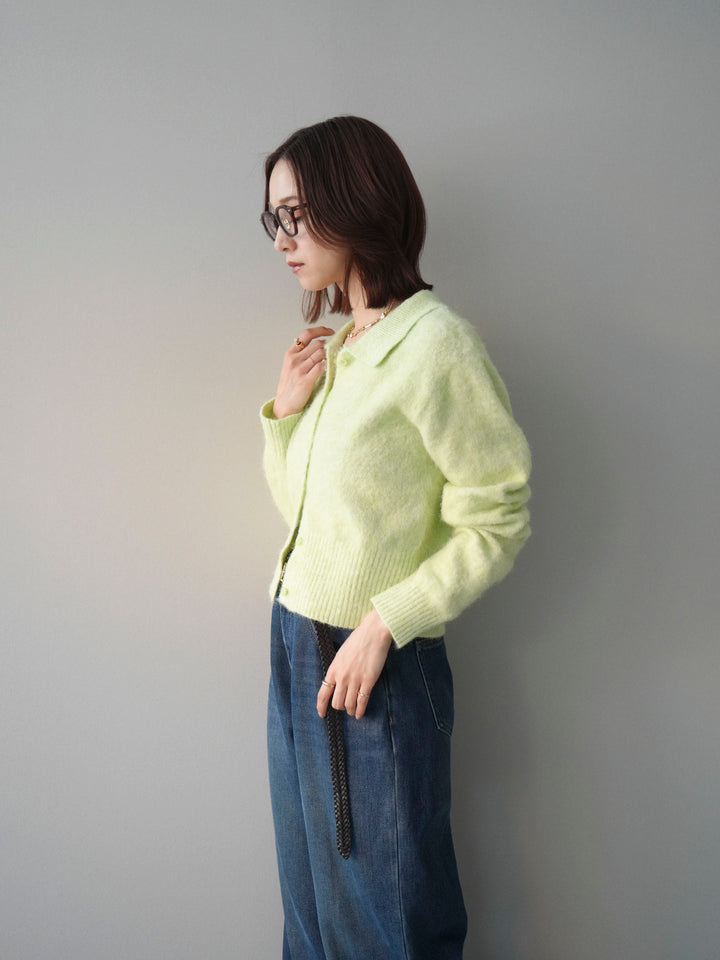 [SET]モヘア衿付きボタンプルオーバー+裏起毛裾フリンジワイドデニムパンツ(2set)