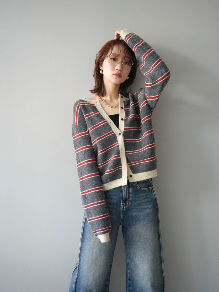 [予約]配色ボーダーニットカーディガン/gray