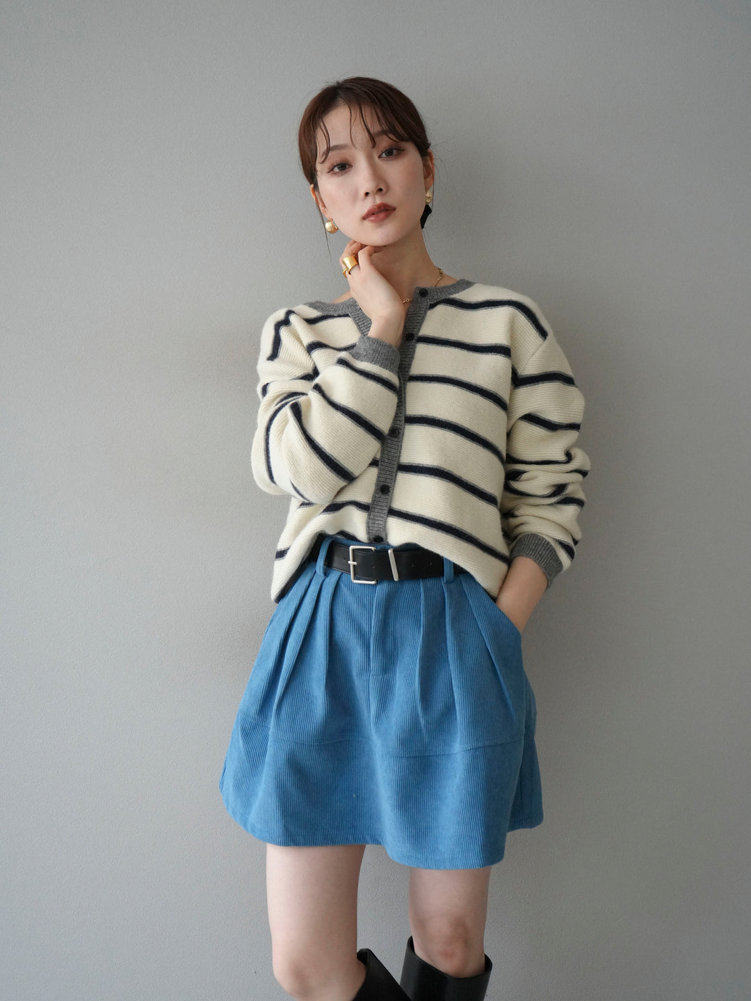 [予約]配色ボーダーニットカーディガン/apricot