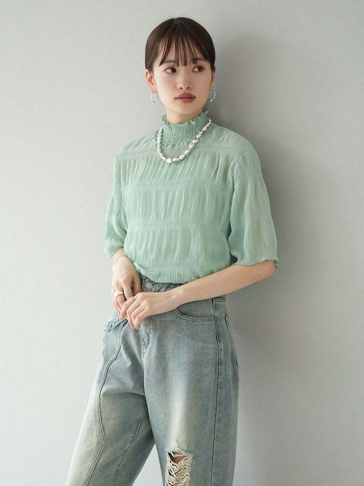 [Pre-order] Shirring Chiffon Half Sleeve Blouse/Mint