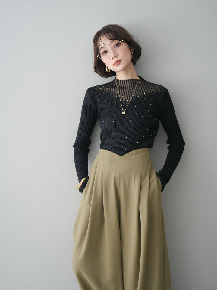 [予約]シアー切替スパンコールリブニットトップス/black