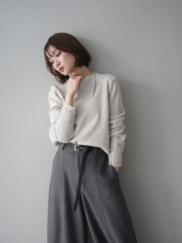 [SET]袖レースパール付き配色ニットトップス+ウールタッチカーブパンツ(2set)