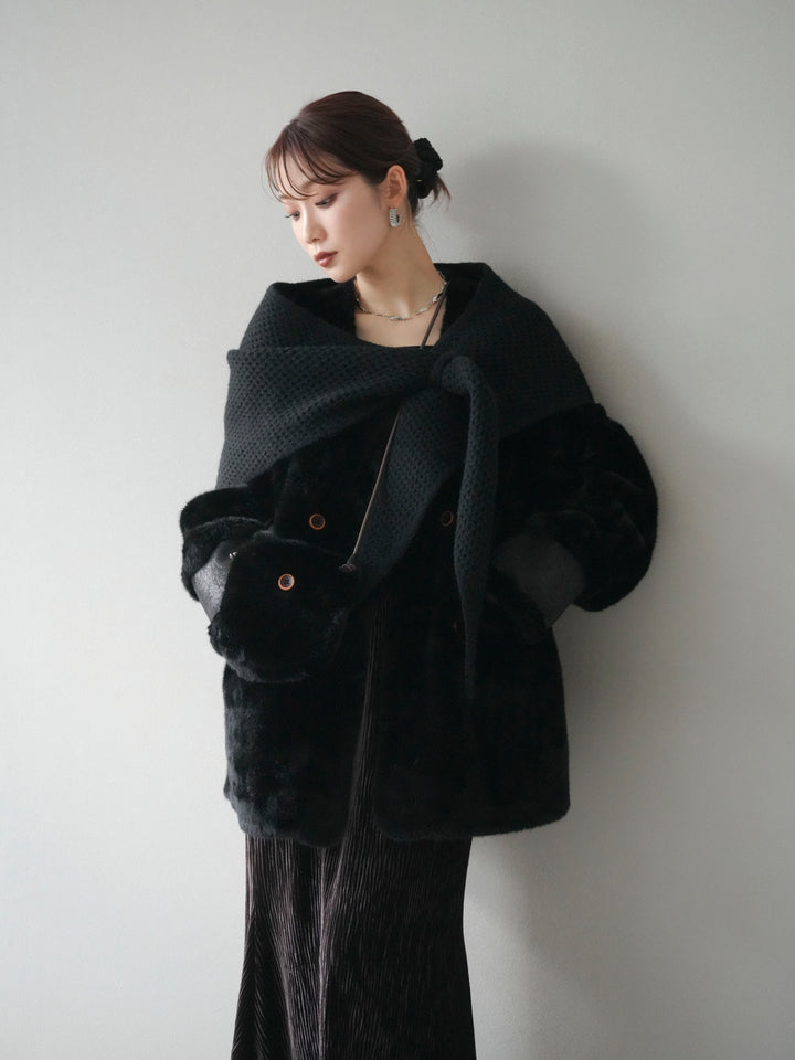 [SET]バッグ付エコファーノーカラーコート+選べるアクセセット(2set)