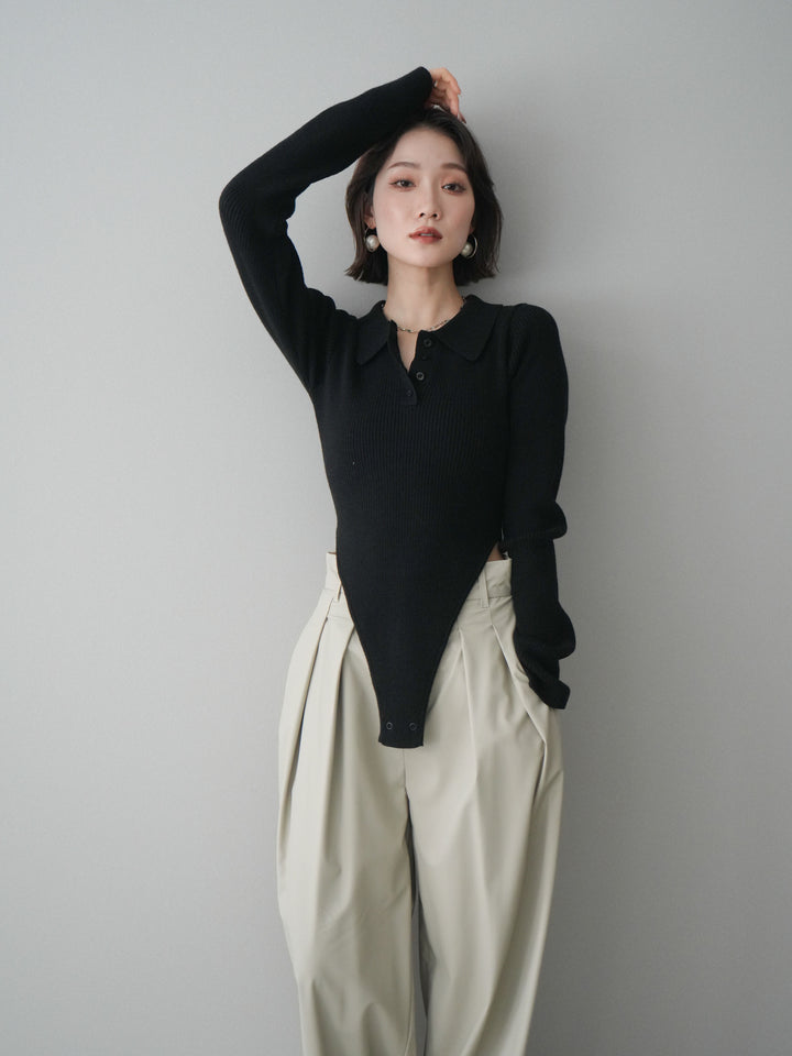 [予約]リブポロニットボディスーツ/black