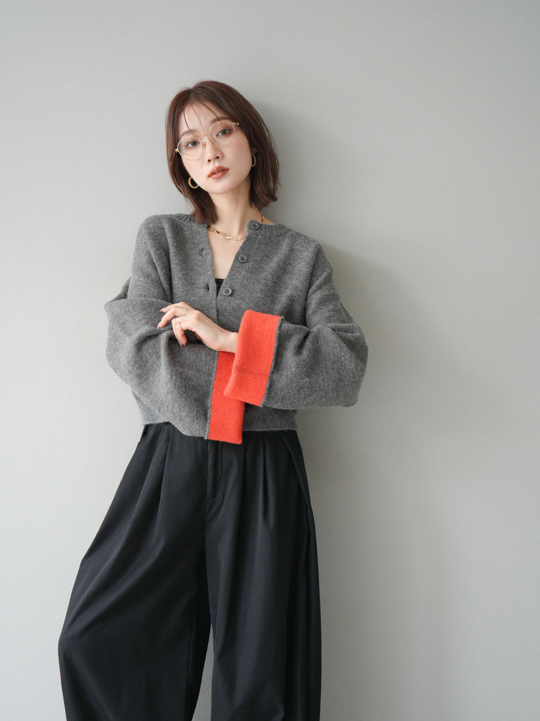 【SET】雙色針織開襟衫+褶襉設計寬褲（2套）