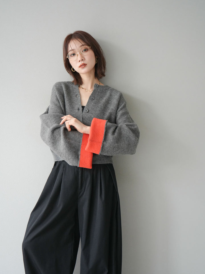 【SET】雙色針織開襟衫+褶襉設計寬褲（2套）