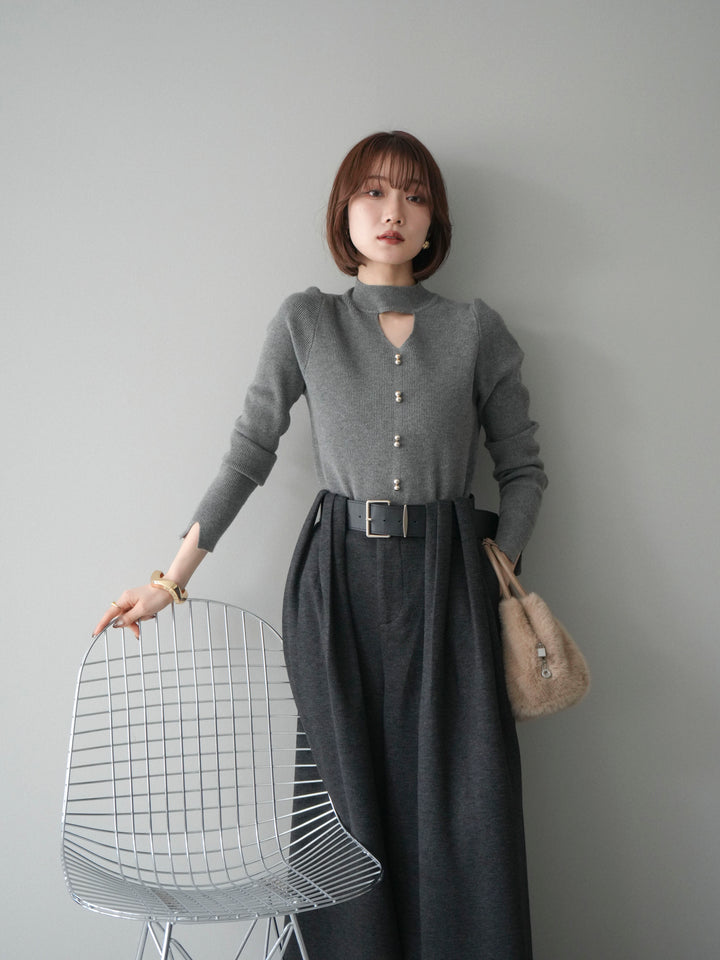 [予約]チョーカーデザインボタンリブニットトップス/gray
