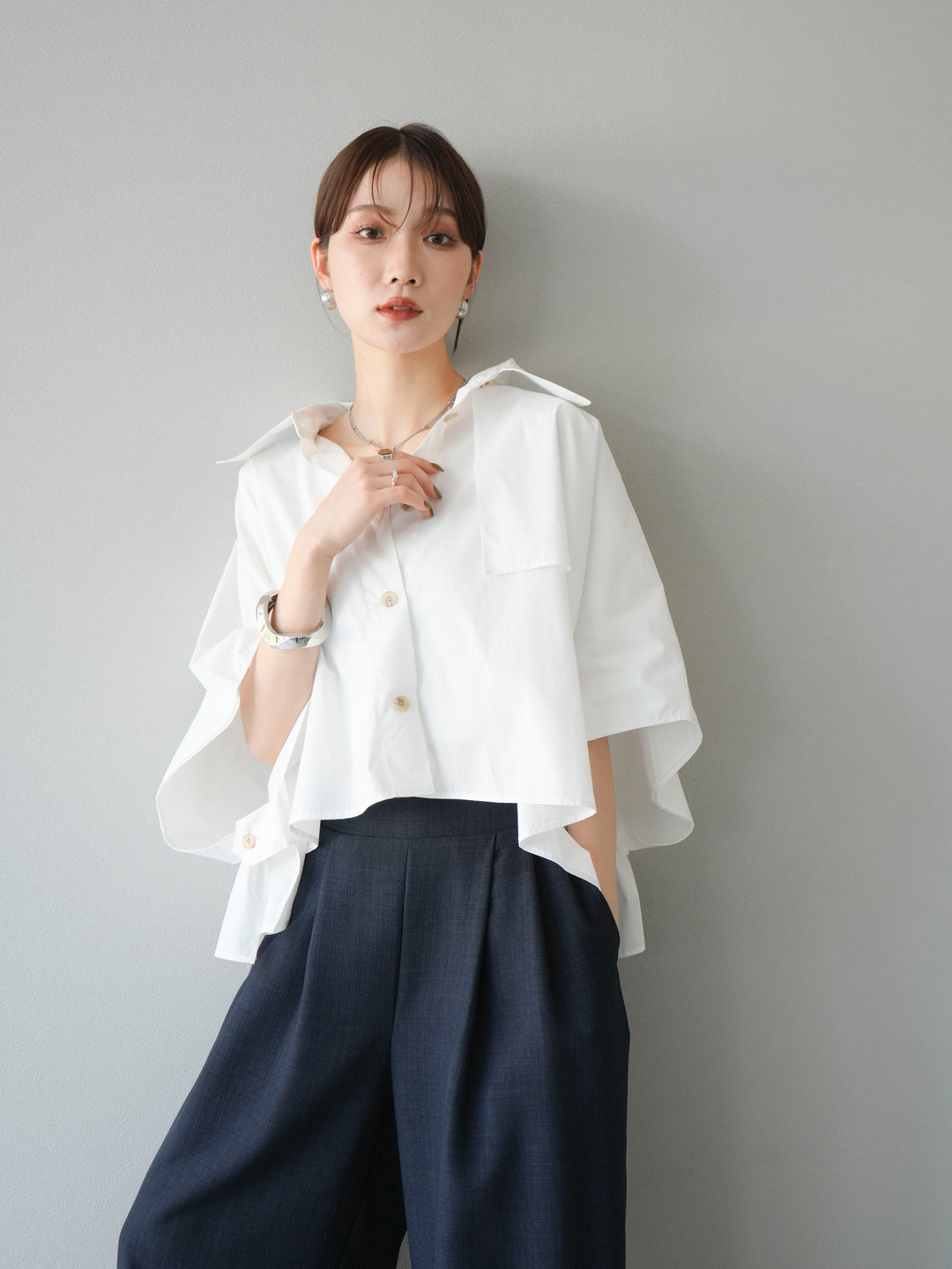 [SET]ポンチョショートシャツ+リネンライクイージーワイドパンツ(2set)