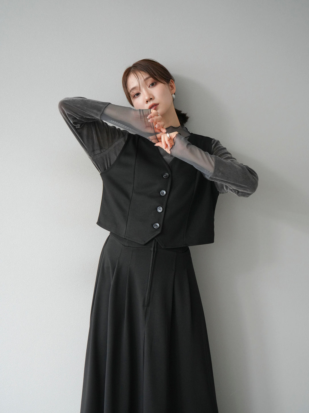 [予約]シアー切替ベロアトップス/チャコール