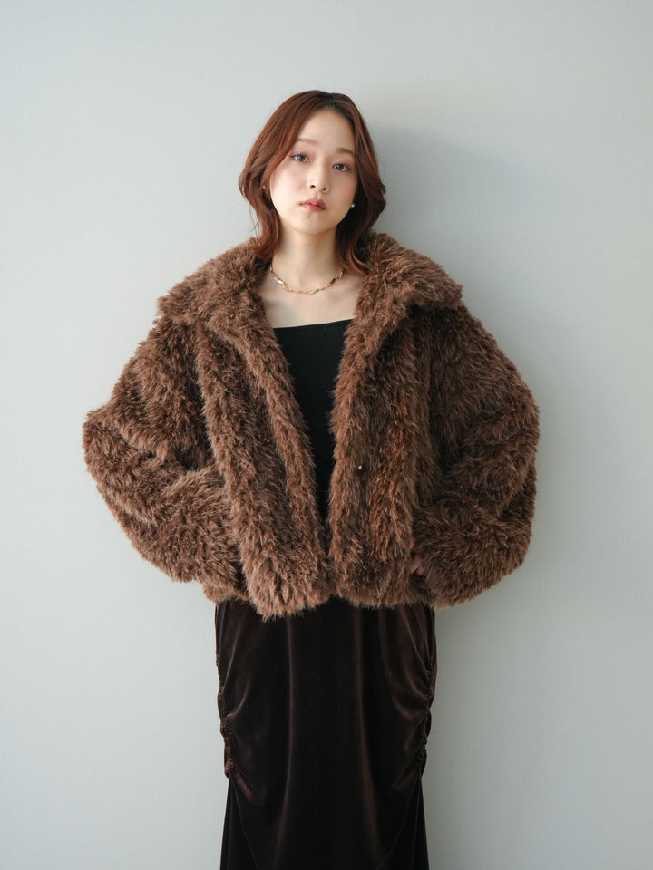 [SET]フェイクファー襟付きショートブルゾン+ギャザーベロアスカート(2set)