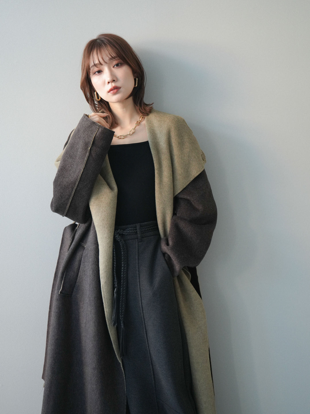 [予約]ダブルフェイスバイカラーロングコート/khaki