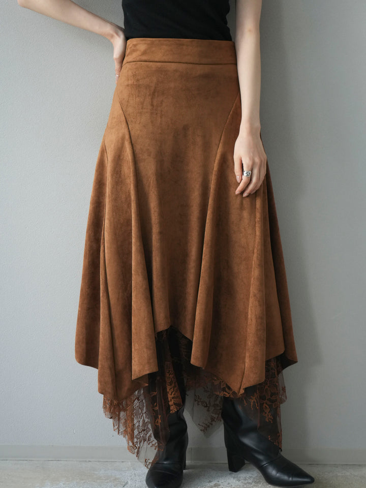 [予約]スエード裾レースアシンメトリースカート/camel