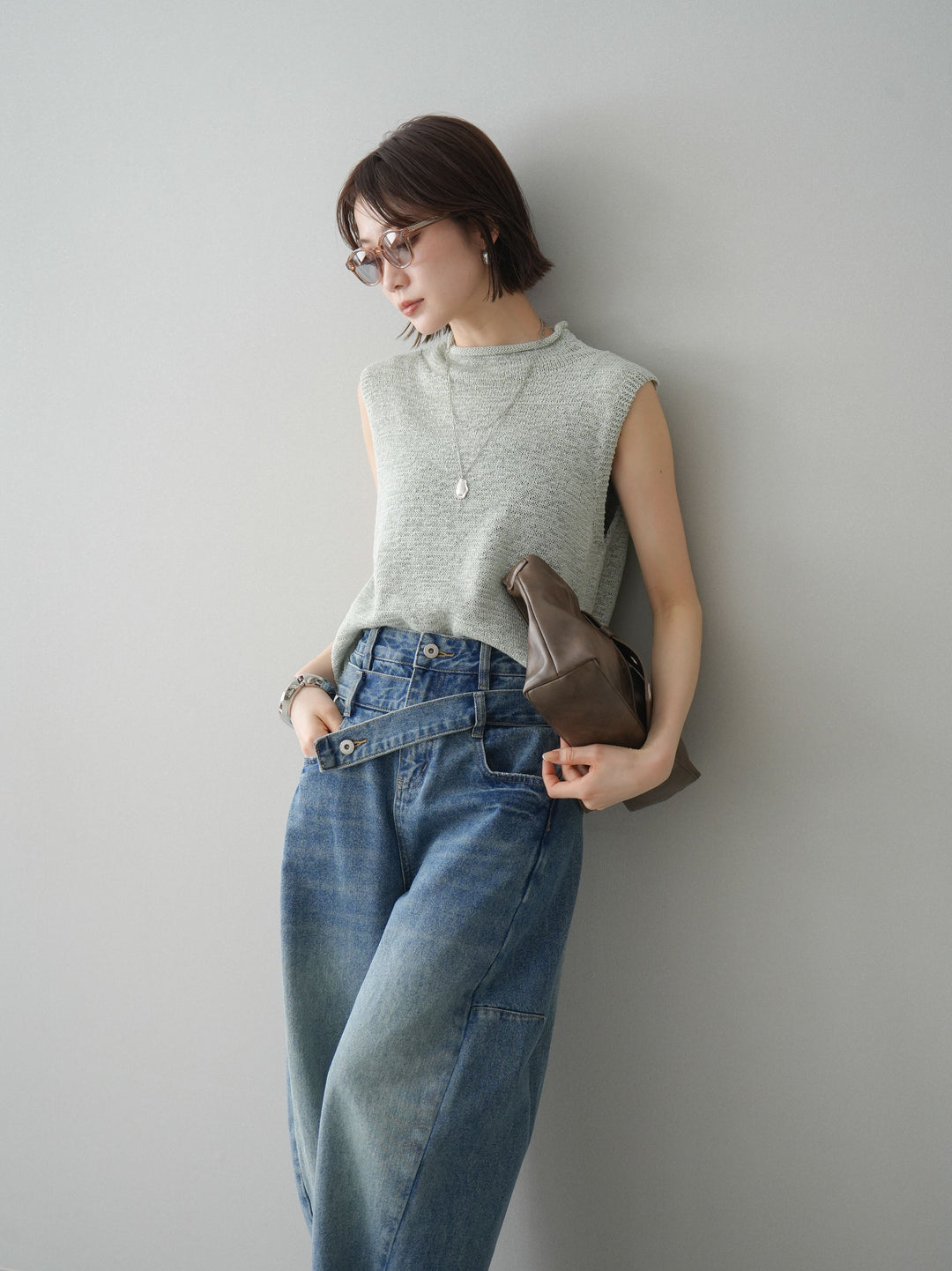 [予約]ノースリーブリネンタッチシアーニットプルオーバー/green