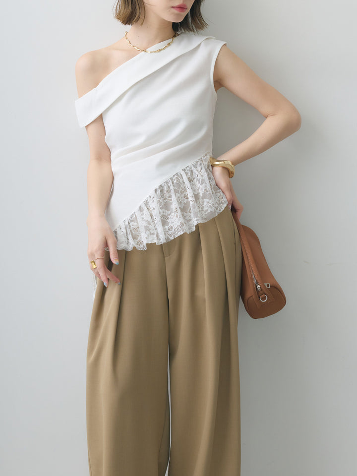 [SET]アシンメトリーラッフルレースヘムトップス+クレープデシンタックワイドパンツ(2set)