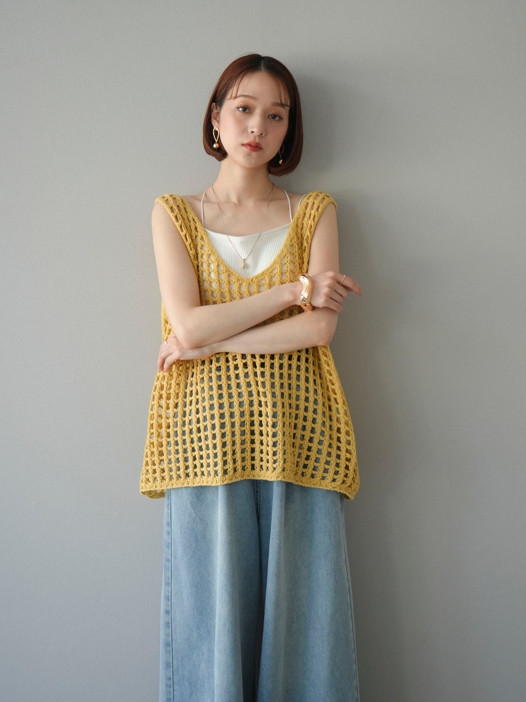 SET]メッシュニットベスト+ダブルストラップカットリブブラ  