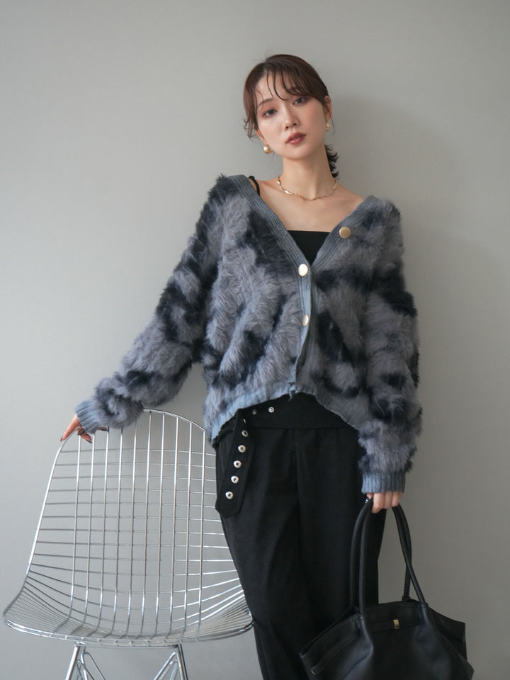 [SET]ニュアンス柄シャギーニットカーディガン+コーデュロイ巻きベルト付きパンツ(2set)