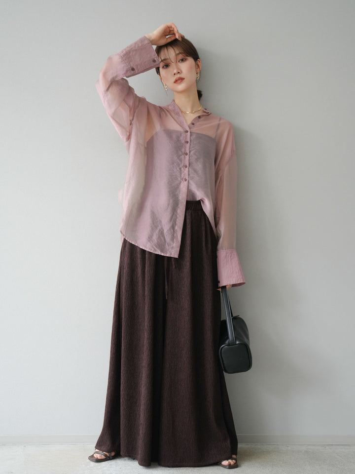 [SET] 亮面透視立領襯衫 + 柳葉寬褲 (2set)