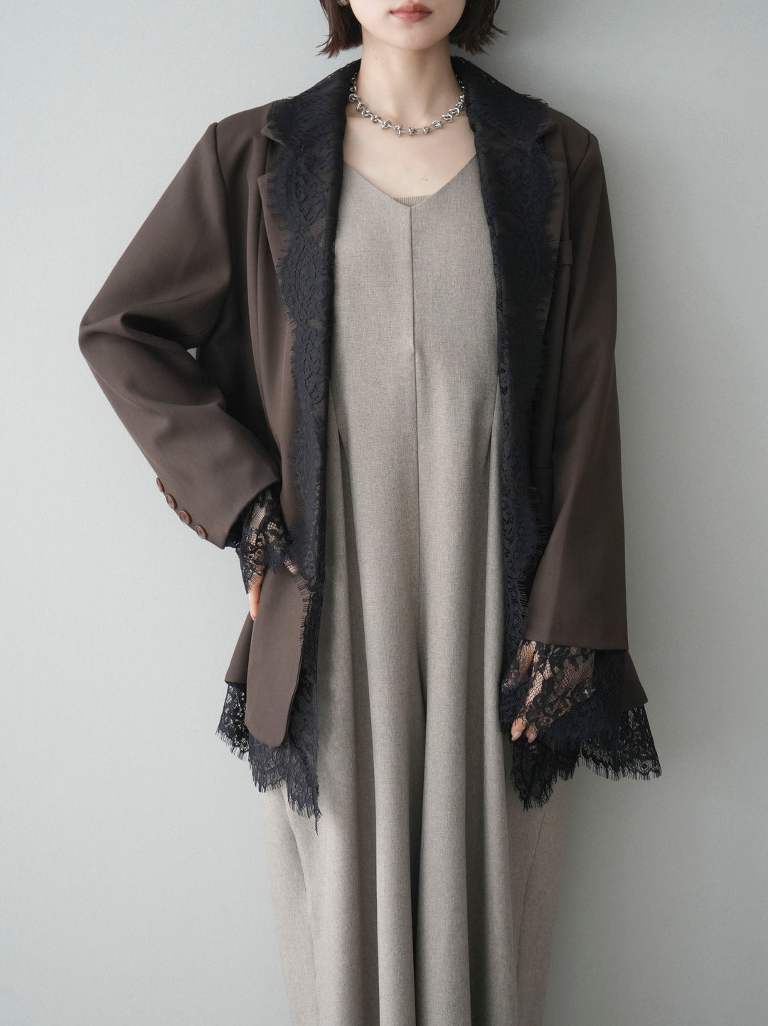 [予約]レースドッキングオーバージャケット/brown