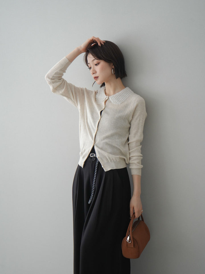 [SET]ビジュー襟パールボタンニットカーディガン+編み込みベルト付タックワイドパンツ(2set)