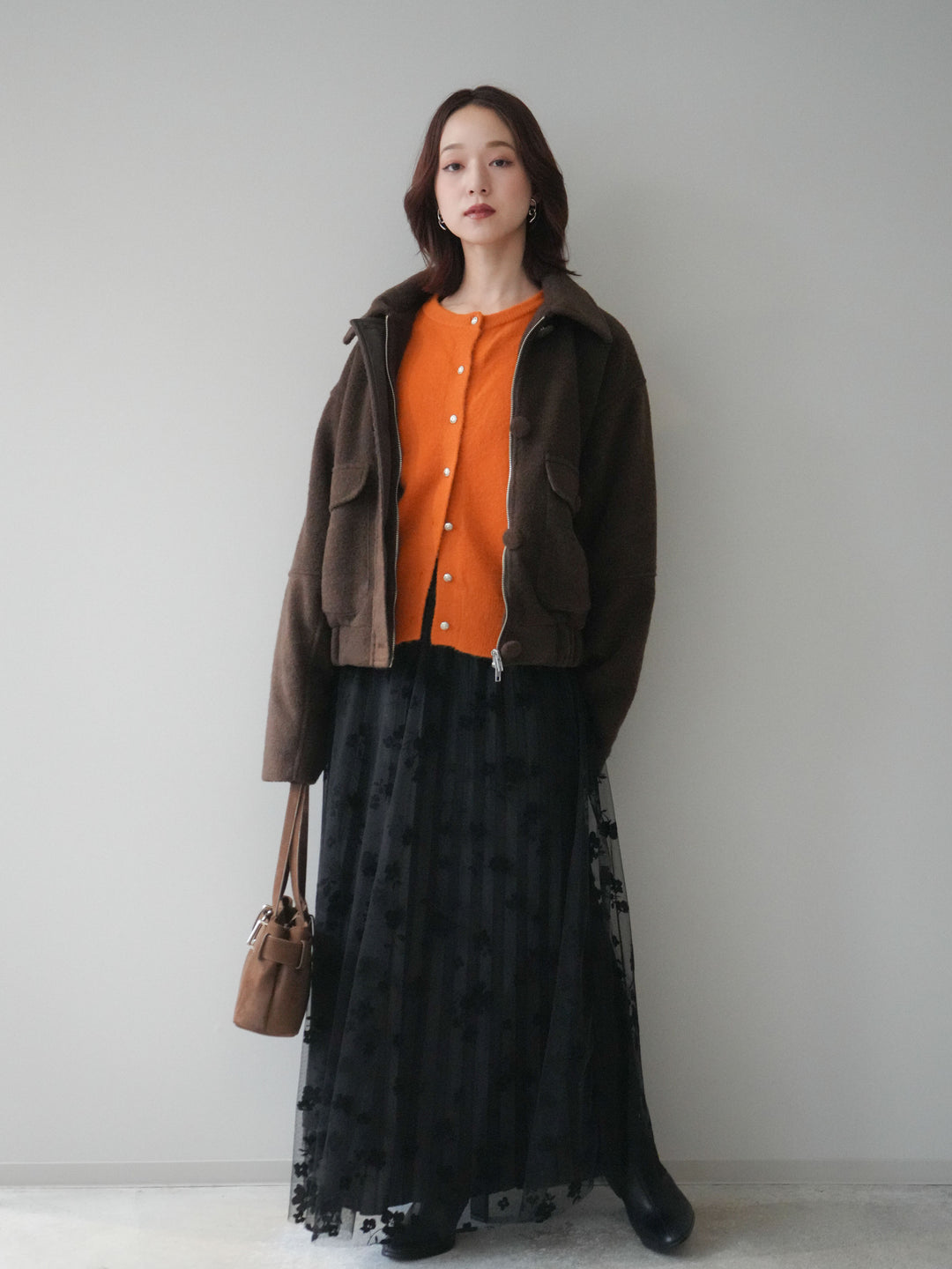 [SET]ウールライクフライトジャケット+アンティークボタンニットカーディガン+フラワーフロッキーチュールプリーツスカート(3set)