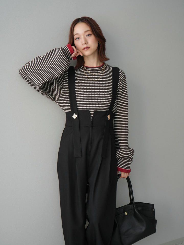 [SET]ラメ異素材ボーダーリブニットプルオーバー+ゴールドボタンサスペンダーワイドパンツ(2set)