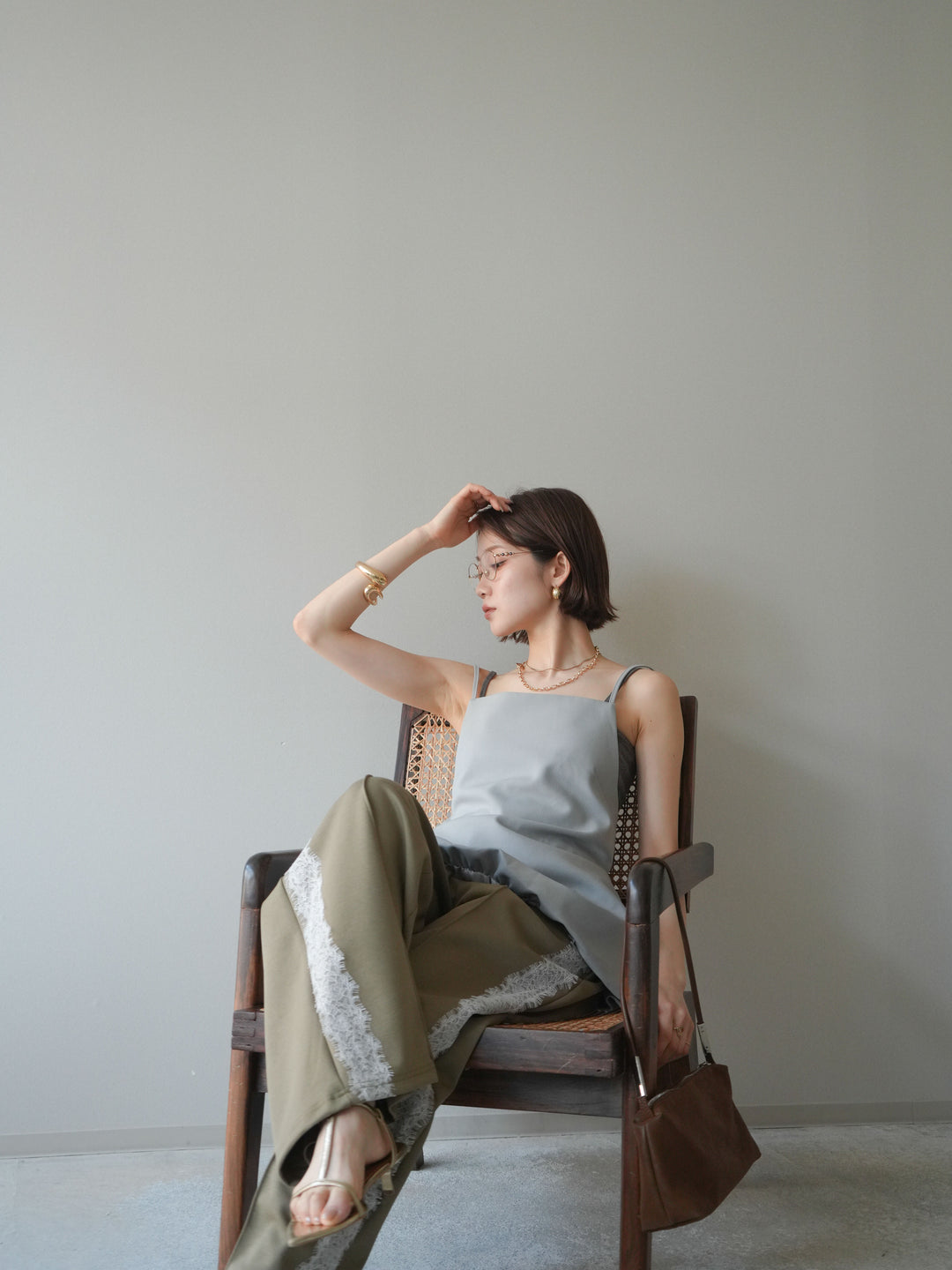 [SET]バックリボンバルーンチュニックキャミ+サイドレースポンチワイドパンツ(2set)