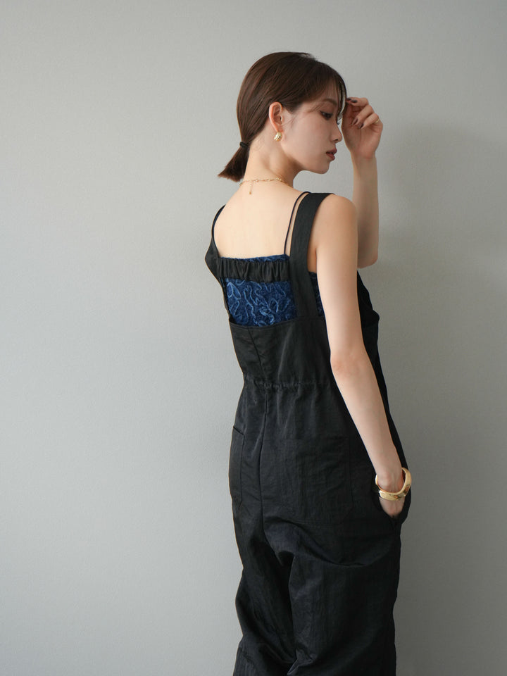 [予約]ナイロンタックデザインサロペット/ブラック