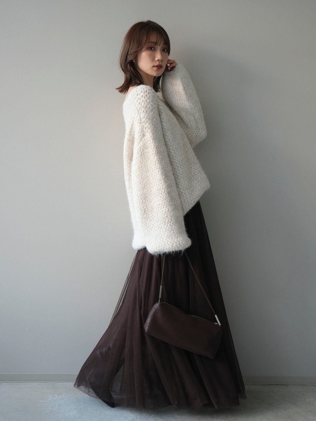 [SET]ウールタッチラメミックスヤーンVネックニットプルオーバー+チュールボリュームスカート(2set)