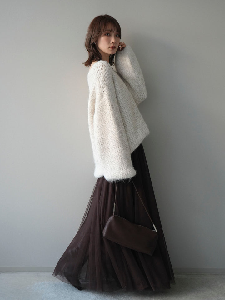 [SET]ウールタッチラメミックスヤーンVネックニットプルオーバー+チュールボリュームスカート(2set)