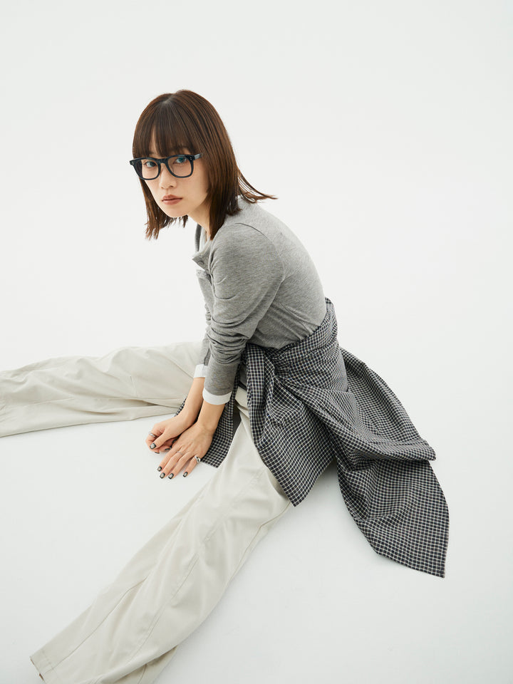 【Allure】[SET]配色レイヤードヘンリーネックトップス+チェックBIGカフスオーバーシャツ(2set)