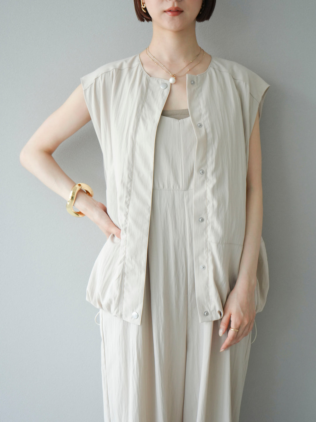 [SET]リネンライクビスチェデザインサロペット+リネンライクドロストバルーンブルゾン(2set)