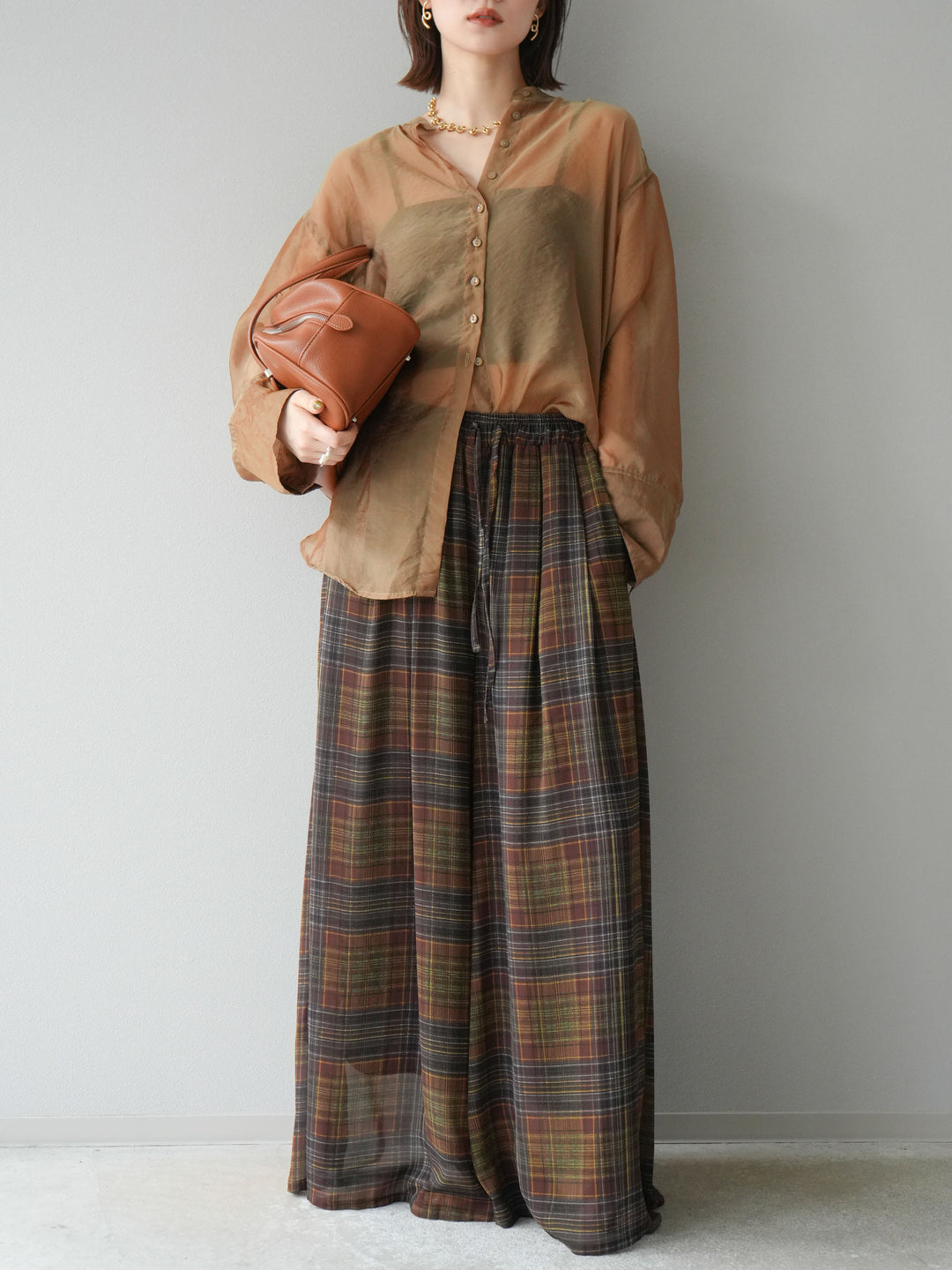 [預購] 透視格紋寬鬆褲/棕色