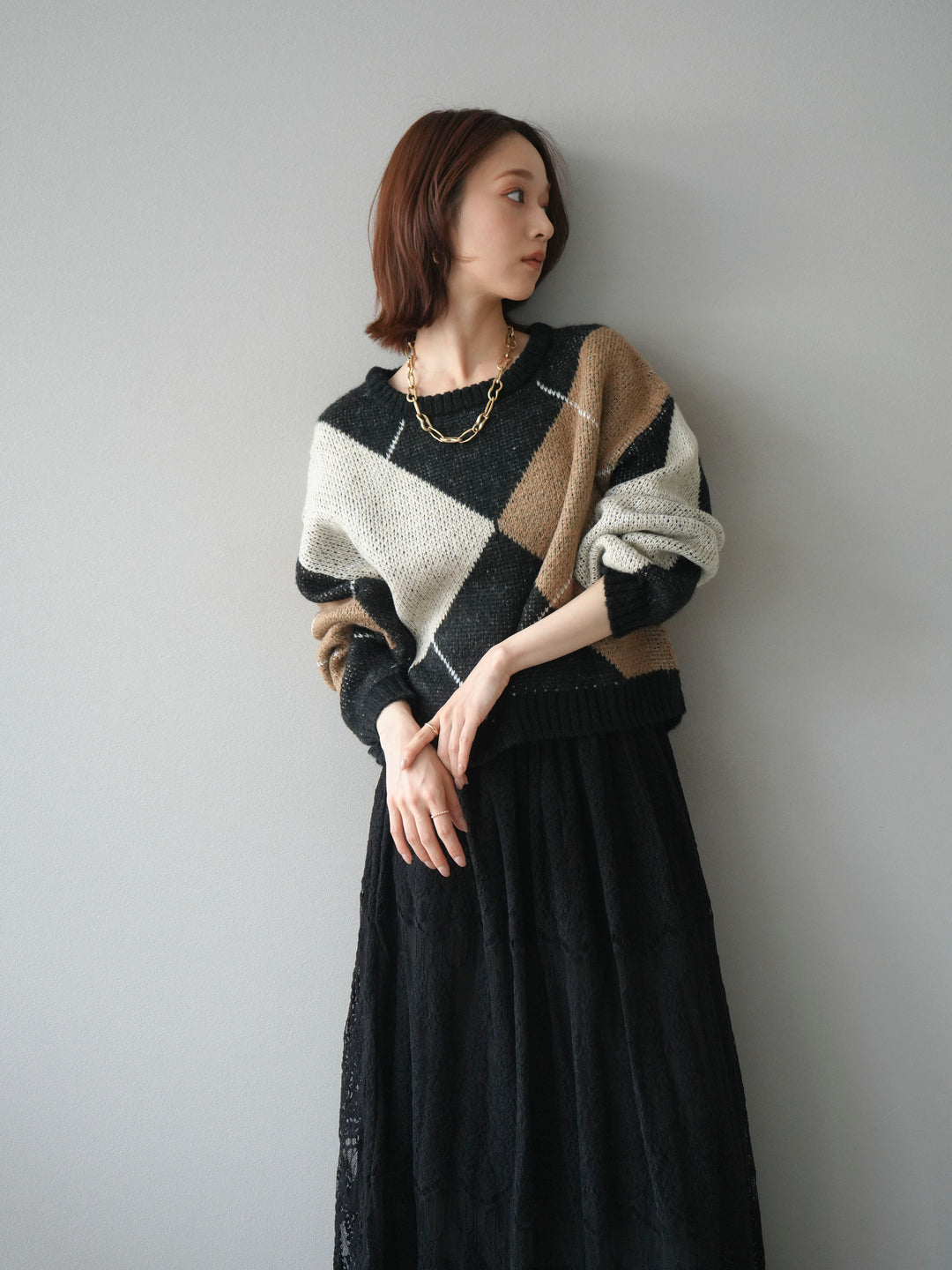 [SET]配色ステッチアーガイル柄ニットプルオーバー+ヴィンテージライクメッシュレーススカート(2set)