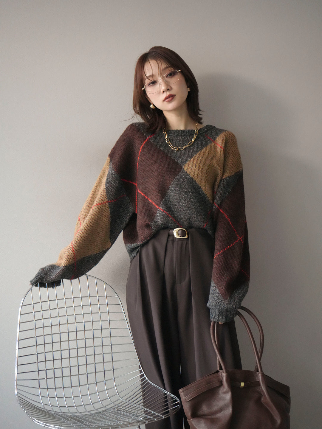 [SET]配色ステッチアーガイル柄ニットプルオーバー+配色ステッチアーガイル柄ニットプルオーバー(2set)