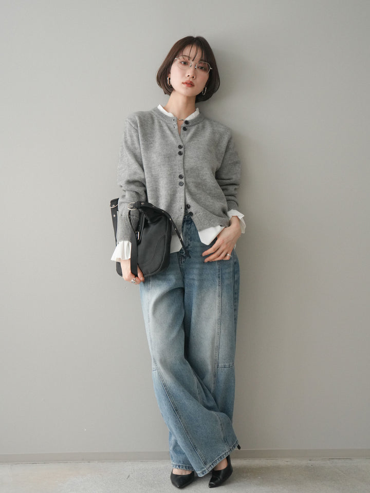 [SET]布帛ドッキングニットカーディガン+ガーメントウォッシュカーブデニムパンツ(2set)