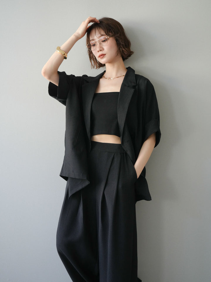 【套裝】亞麻質感半雙層外套+亞麻質感束口寬腿褲（兩件套）