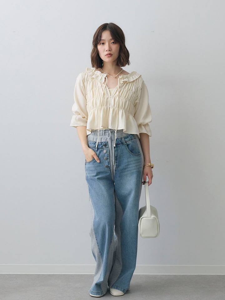 [SET]フリルネックシャーリングブラウス+デニム切替スウェットパンツ(2set)