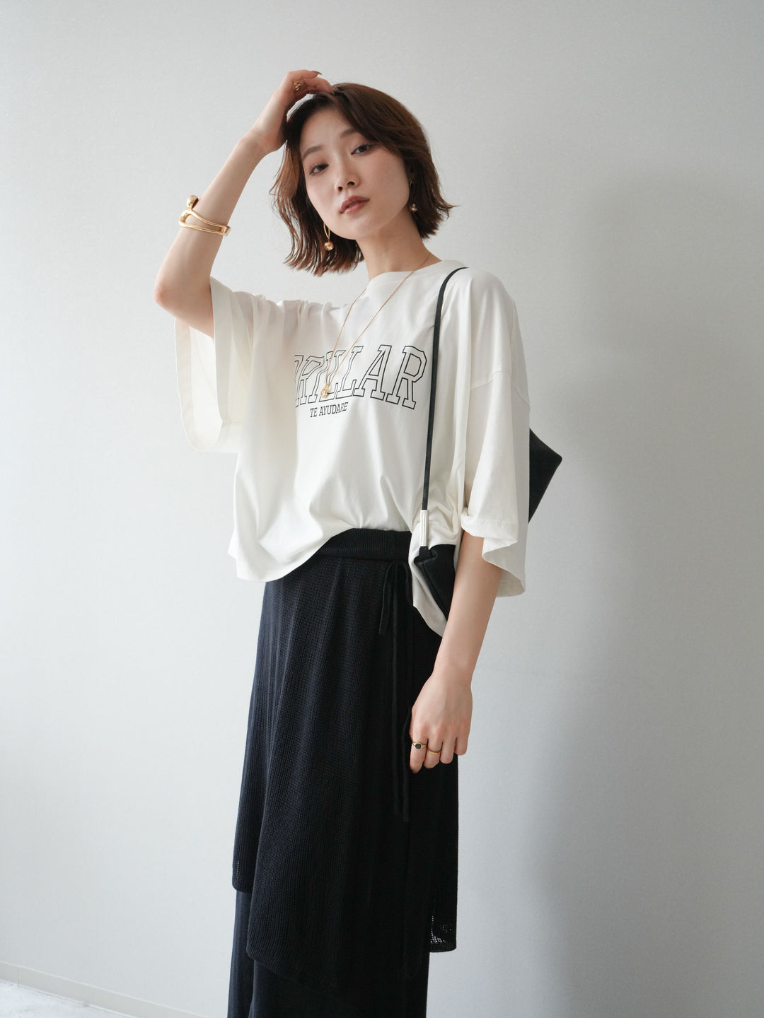 [SET]ボックスシルエットロゴTEE+レイヤードラップニットスカート(2set)