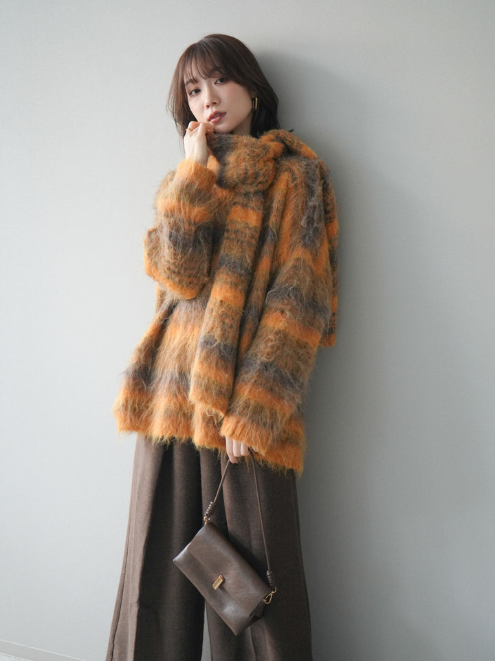 [予約]ストール付シャギーマルチボーダーニットプルオーバー/yellow