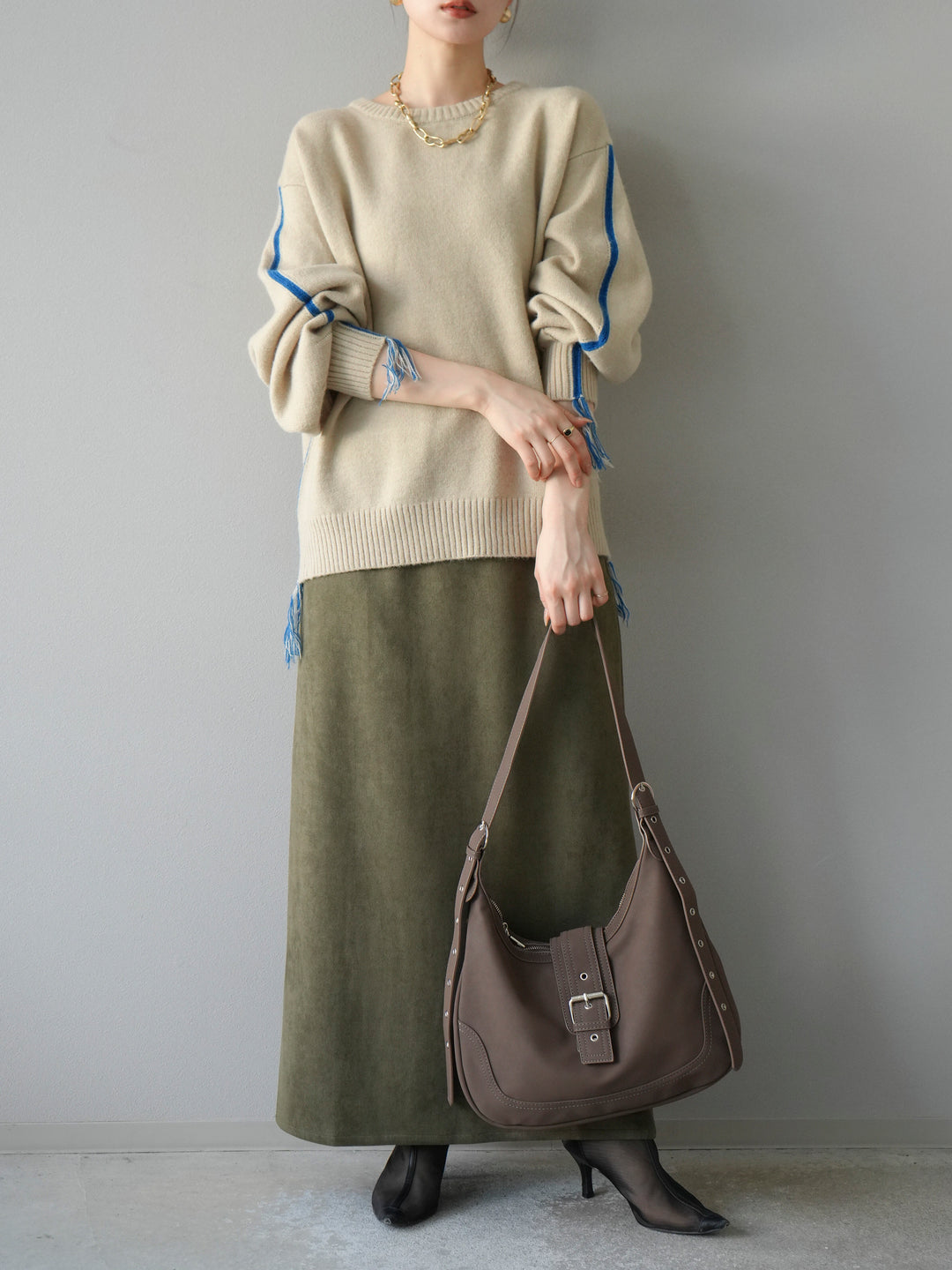 [予約]配色ステッチフリンジニットプルオーバー /アイボリー