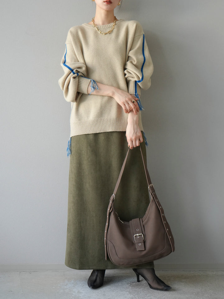 [予約]配色ステッチフリンジニットプルオーバー /アイボリー