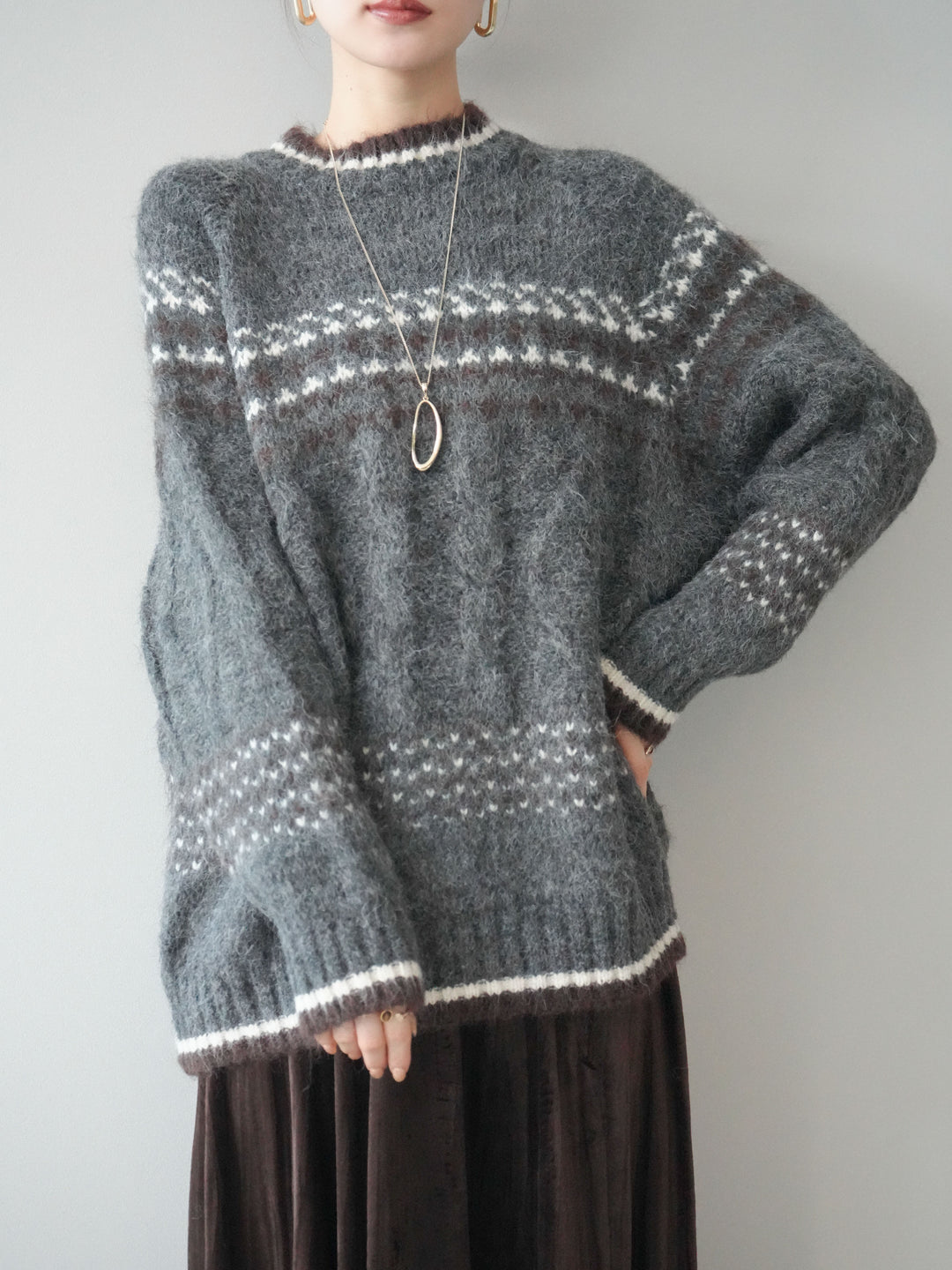 [予約]裾配色ノルディック柄ニットプルオーバー/gray