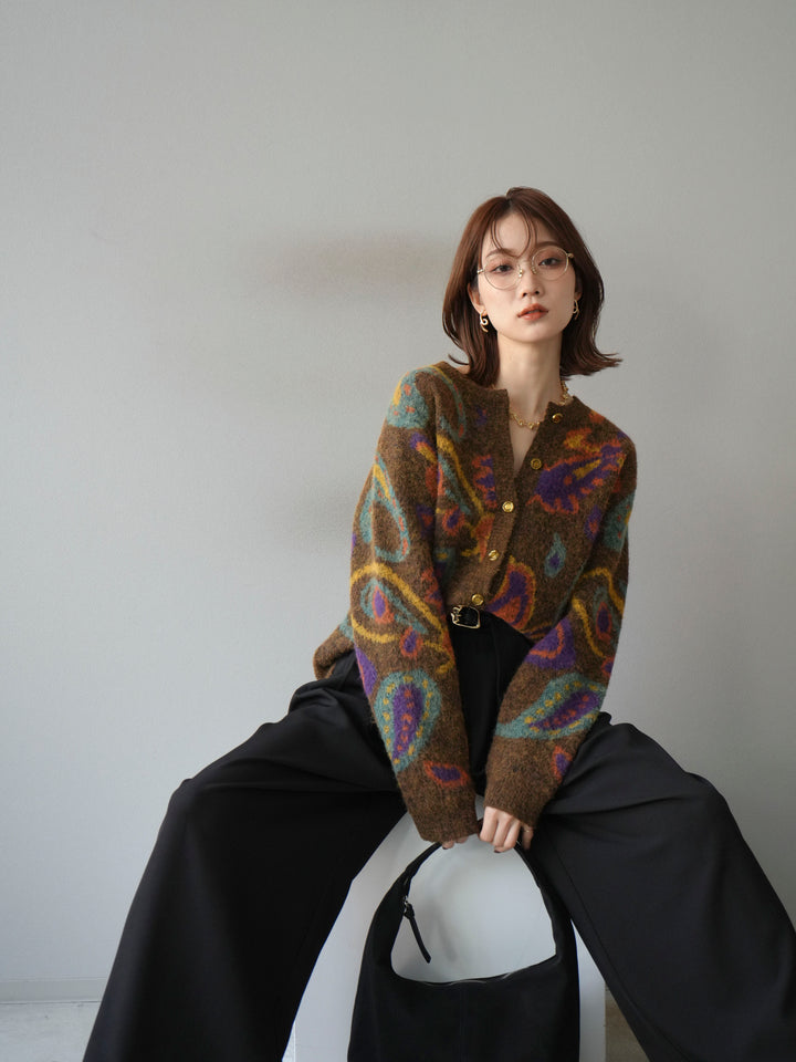 [予約]ミックスヤーンペイズリー柄ニットカーディガン/ブラウン