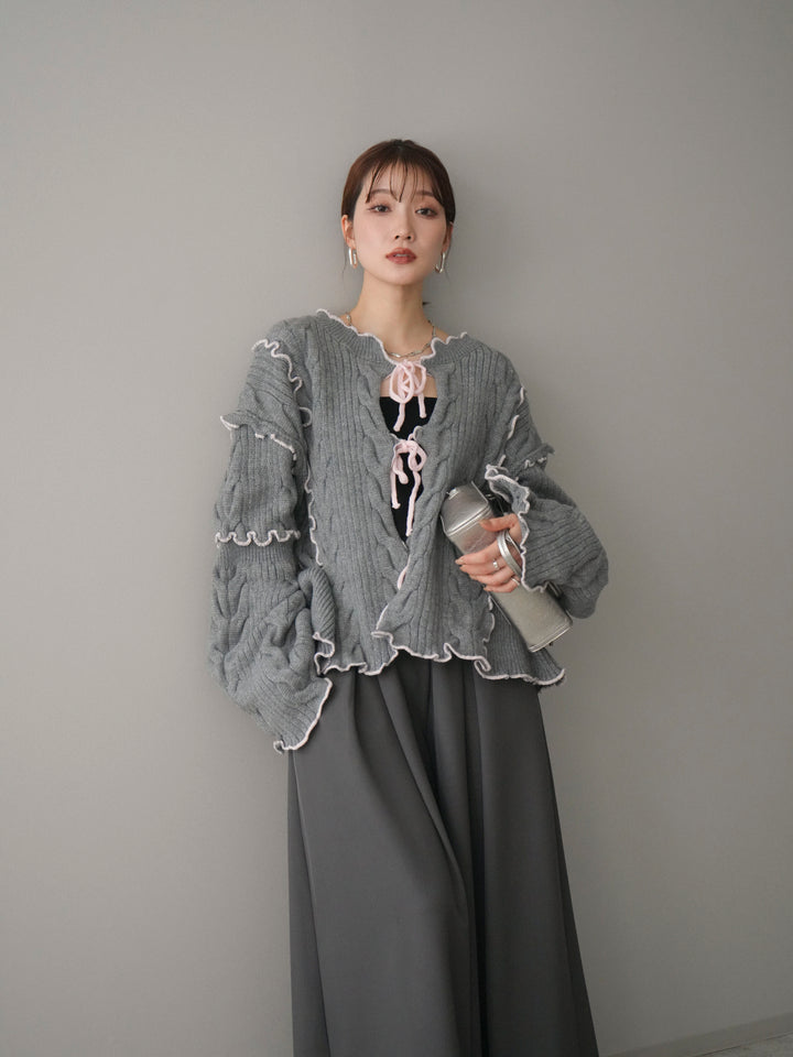 [SET]フロントリボン配色メローニットカーディガン+テープベルトタックバギーパンツ(2set)