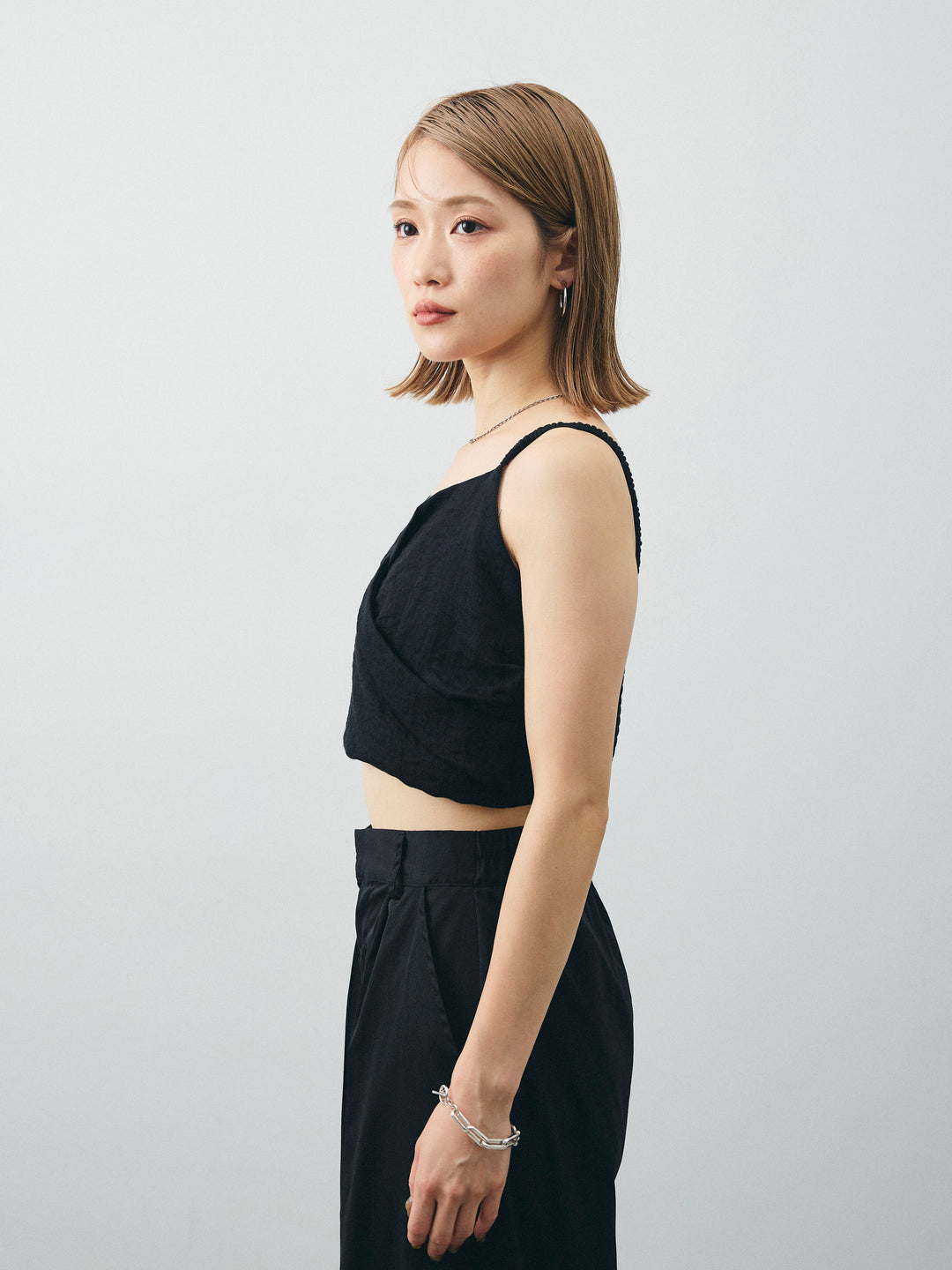 [予約]リネンライクカシュクールデザインビスチェ/ブラック