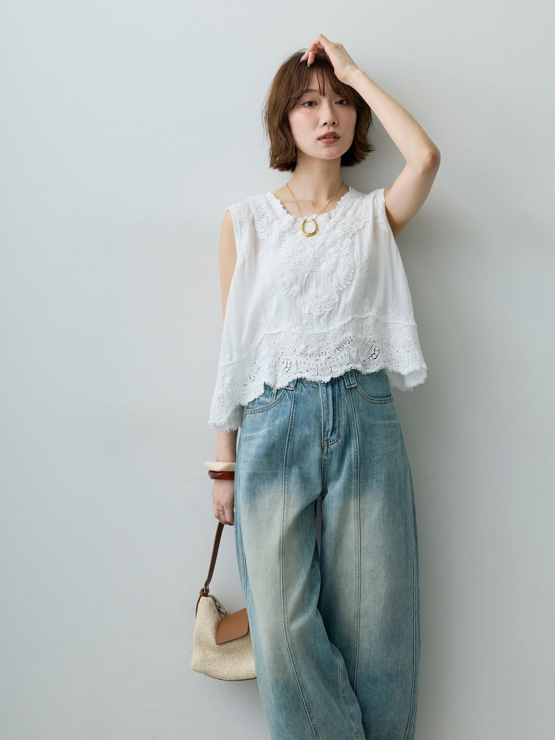 [予約]アンティークレースノースリトップス/white