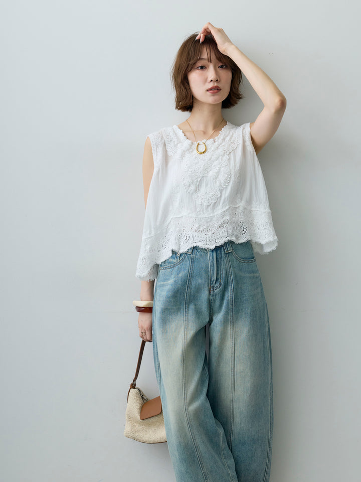 [予約]アンティークレースノースリトップス/white